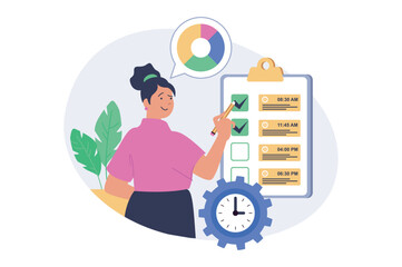 Wall Mural - time management concept in modern flat design for web. woman using tasks schedule, ticking in list, 
