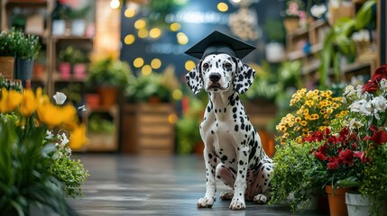 Poster - A Dalmatian dog adorned with a graduation cap sits confidently among colorful flowers in a quaint floral shop, surrounded by a warm and inviting atmosphere