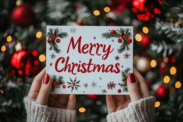 Wall Mural - cheerful Christmas card with Merry Christmas, surrounded by a beautifully decorated tree with vibrant ornaments and twinkling lights