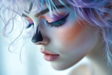 Sticker - A young woman with halloween  makeup featuring vibrant colors and a delicate design on her face. Her pastel purple hair complements the artistic look, creating a striking visual statement