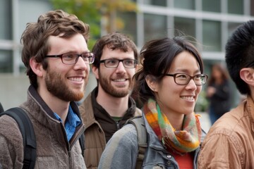 Sticker - Group of happy students in university campus, smiling and looking at camera