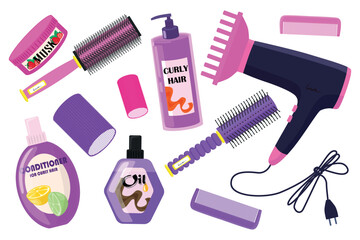 Set of hair care and styling products in a cartoon style. Beautiful vector illustration: mask, conditioner, oil, for curly hair, hair dryer, curlers, combs, brushing isolated on a white background.