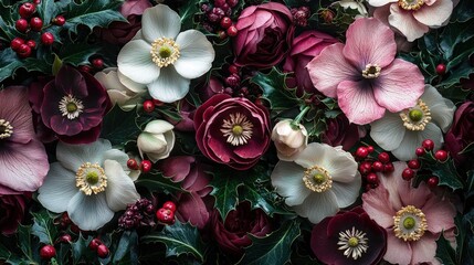 Sticker - A vibrant Christmas floral display featuring pink, white, and burgundy hellebores, holly leaves, and red berries.