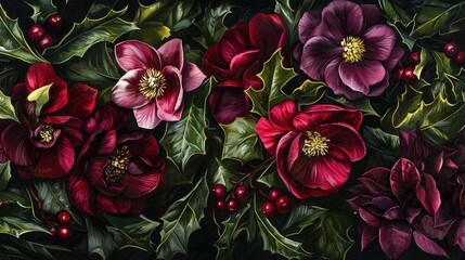 Poster - A beautiful arrangement features rich red and deep purple winter flowers alongside green holly leaves, creating a festive atmosphere perfect for the holiday season