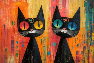 Fototapete - The artwork features two stylized black cats with strikingly colorful eyes, set against an abstract backdrop filled with vivid patterns and textures, capturing a whimsical spirit