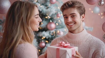 Sticker - A young couple smiles as they share a joyful moment while exchanging a beautifully wrapped gift by a decorated Christmas tree, surrounded by soft pink accents