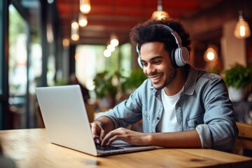 Poster - Student wear headphones learn watching online laptop computer headset.