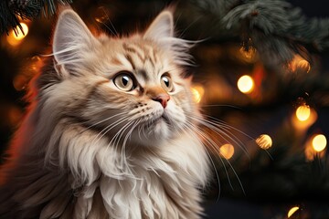 Wall Mural - A fluffy cat with striking eyes sits beneath a Christmas tree, captivated by the shimmering lights. The warm glow creates a cozy atmosphere for the holiday