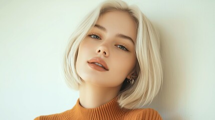 Elegant portrait of a woman with sleek white-blonde hair and soft natural makeup, set against a clean, minimalist background