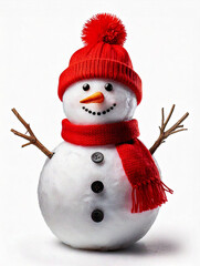 Christmas concept. Cute snowman with a red hat and scarf. Isolated on a white background