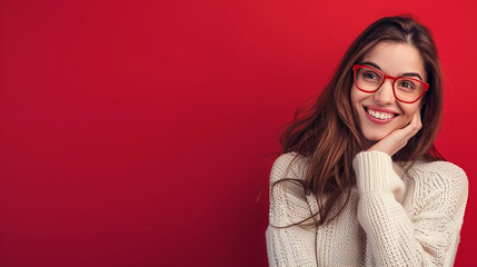 Photo of pretty cheerful lady in the left with empty space event information isolated on red color background