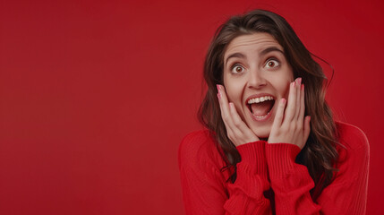 Photo of pretty cheerful lady in the left with empty space event information isolated on red color background