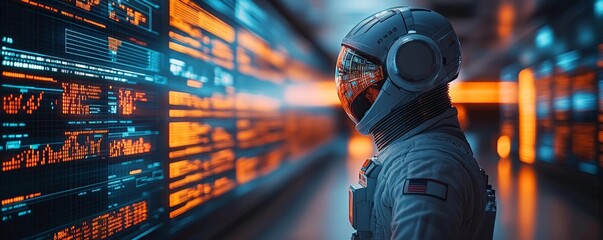 Astronaut in futuristic spacesuit gazing at glowing digital displays.
