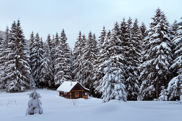 Wall Mural - fairy christmas landscape with glowing wooden house in snowy forest. cozy house in winter mountains