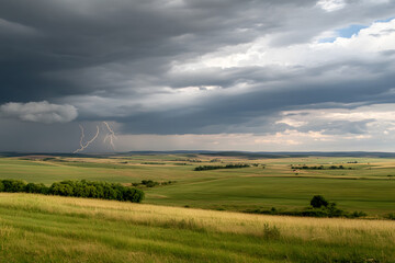 Farmland Under a Stormy Sky with Striking Lightning | Dramatic Weather and Nature’s Power Over Agricultural Fields