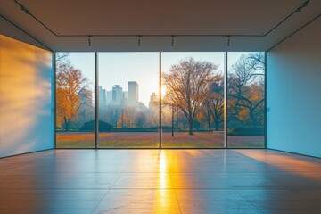 Canvas Print - Large window see city park in morning architecture building lighting.