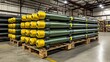 © DZMITRY - Stacks of four military missiles are shown in a warehouse on wooden pallets.
