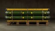 © DZMITRY - The view from the inside of a warehouse on four wooden pallets, stacked with military missiles.
