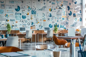 A collaborative office environment with large desks, stylish chairs, and a wall covered in business strategies and concepts.