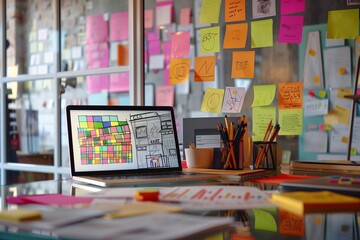 A creative workspace with colorful post-it notes on a glass wall, a desk cluttered with sketches, and a laptop showing a design software interface.