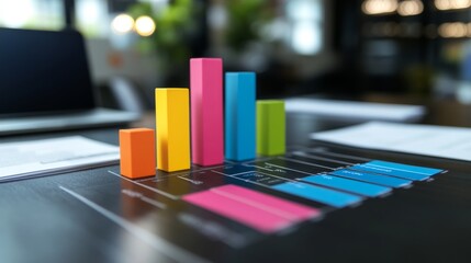 Fototapete - Colorful Bar Graph on Table with Data Sheets
