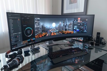 A high-tech workspace featuring a large curved monitor, an advanced keyboard, and various tech gadgets neatly arranged on a glass desk.