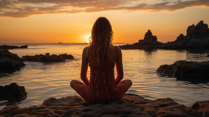 Back of  meditating relaxing girl on the seashore at sunset