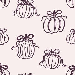 Seamless pattern of pumpkins with ribbon bows on beige background. Hand-drawn black line art. Cozy fall season. Autumn harvest. Thanksgiving celebration. Vector design for textile, wallpaper, wrapping