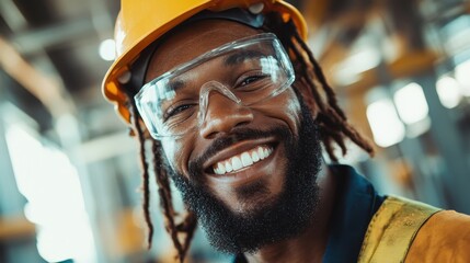 A smiling construction worker wearing a helmet and protective goggles is captured on site, instantly creating a sense of safety, enthusiasm, and professionalism.