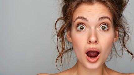 Portrait of surprised woman on grey background, close up