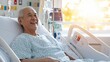 © wirul - Smiling elderly patient in a hospital bed, wearing a hospital gown, with sunlight streaming through the window, conveying joy and hope.