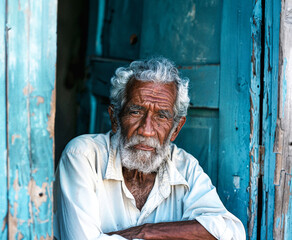 Elderly Cuban man  sitting in a doorway looking out a the town