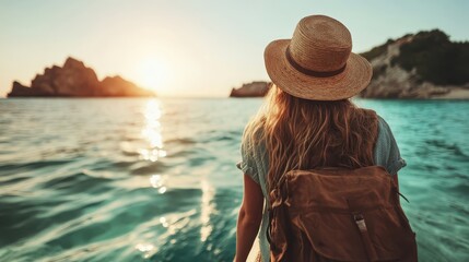 A traveler wearing a fashionable straw hat and backpack stands at the ocean's edge, embracing the dazzling sunset over clear, calm waters, brimming with gratitude.