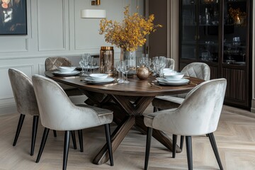 Modern and elegant dining room with large wooden table set for dinner party