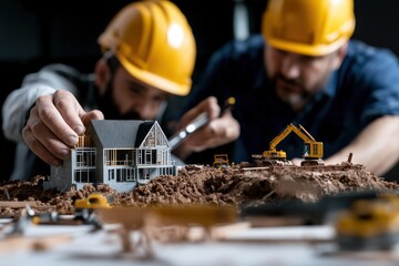 Two construction workers in hard hats focus on building a scale model of a house, surrounded by tools and tiny machinery, showcasing collaboration.