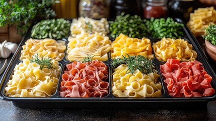 Sticker - Different types of colorful pasta are lying in a black container