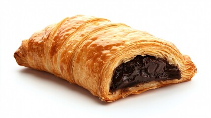 A buttery pain au chocolat with dark chocolate filling, isolated on a minimalist white background