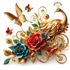 Wall Mural - Flowers and a peacock surround a peacock golden with color roses	