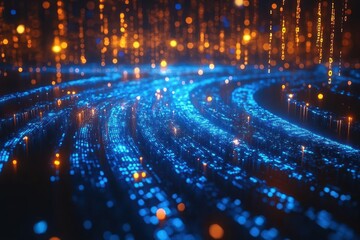 glowing blue binary code streams across sleek computer monitor abstract digital landscape with data flow visualization futuristic tech concept with dynamic light effects