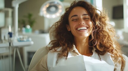 In a dental office, a woman relaxes in the chair, her laughter suggesting an enjoyable and positive experience at the dentist, highlighting care and comfort.