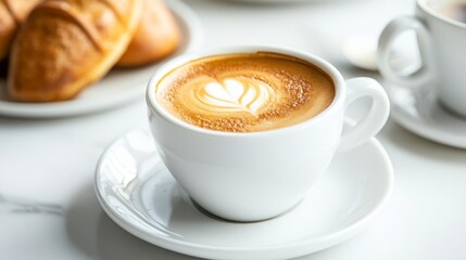 An americano coffee in a cup with a saucer on a white table, perfect for breakfast.