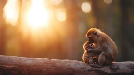 two monkeys share a tender embrace on a sunlit tree branch, symbolizing the harmony and affectionate