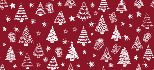 Wall Mural - christmas tree, new year set on red, hand drawn illustrations. vector.