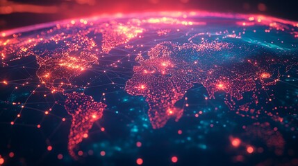 Wall Mural - a glowing red network map of the world with connected dots.