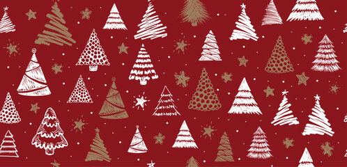 Wall Mural - christmas tree, new year set on red, hand drawn illustrations. vector.