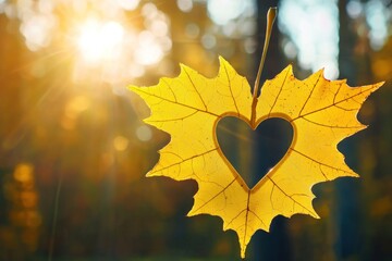 Wall Mural - Yellow maple leaf with a heart-shaped cutout hanging in focus against a blurred background of autumn trees and sunlight Generative AI
