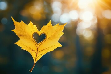 Wall Mural - Yellow maple leaf with a heart-shaped cutout hanging in focus against a blurred background of autumn trees and sunlight Generative AI
