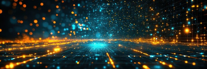 Wall Mural - Panoramic abstract technology background with glowing grid and particles
