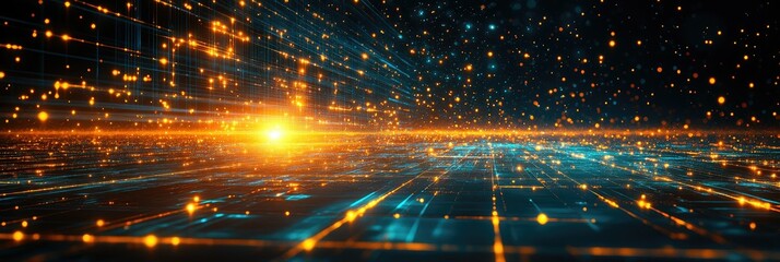 Wall Mural - Panoramic abstract technology background with glowing grid and particles