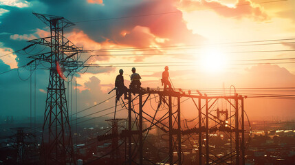 Silhouette electrician work on high ground heavy industry concept